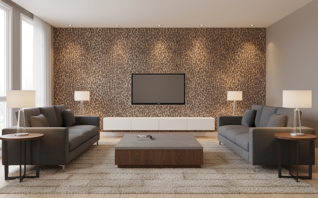 Leonard Leopard - Living Room Visualization (AI-generated, may not be to scale. Verify pattern scale with product specifications.)