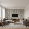The Birches Silver | Architectural Wallcoverings - Living Room Visualization (AI-generated, may not be to scale. Verify pattern scale with product specifications.)