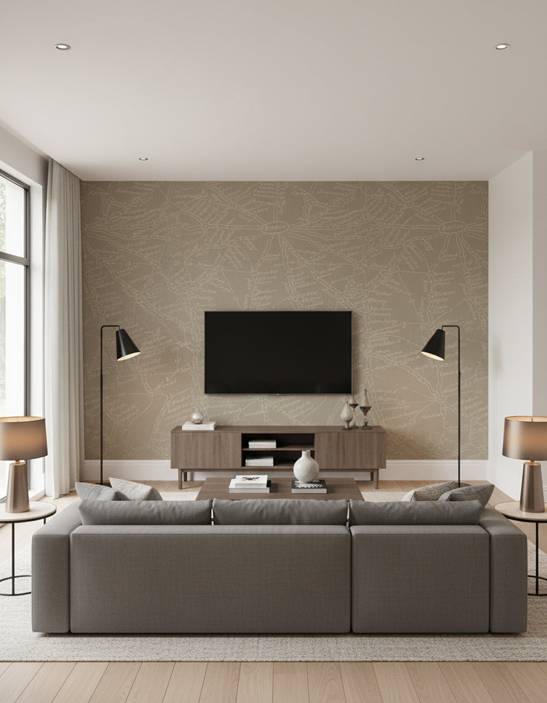 London Calling - Map Wallcovering - Clay Brown - Living Room Visualization (AI-generated, may not be to scale. Verify pattern scale with product specifications.)