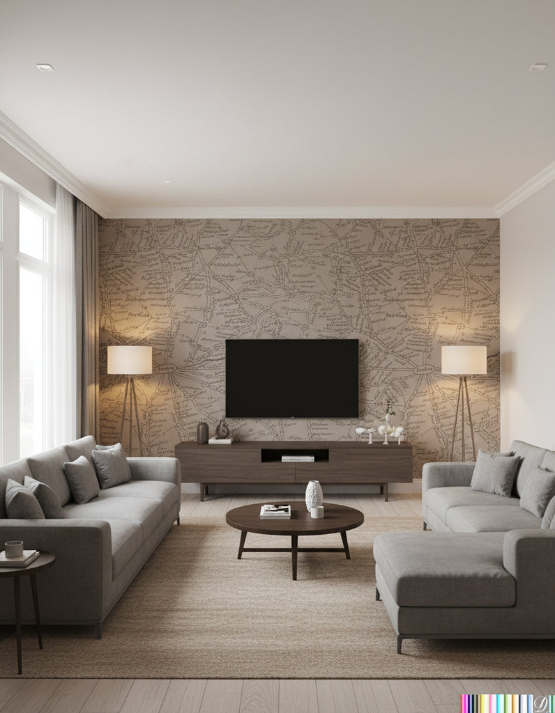 London Calling - Map Wallcovering - Coffee Brown - Living Room Visualization (AI-generated, may not be to scale. Verify pattern scale with product specifications.)