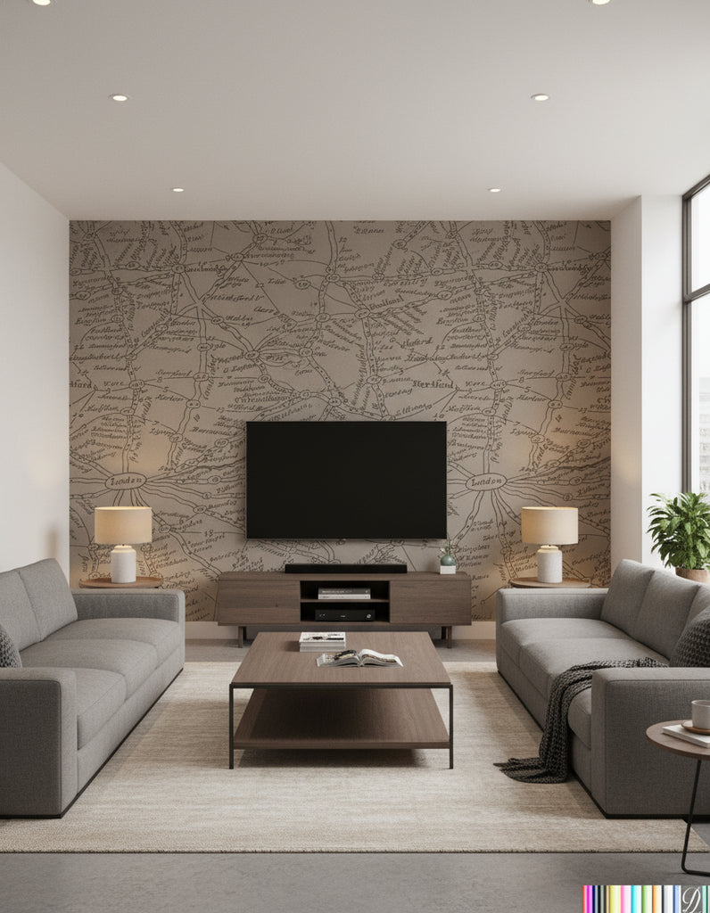 London Calling - Map Wallcovering - Coffee Brown - Living Room Visualization (AI-generated, may not be to scale. Verify pattern scale with product specifications.)