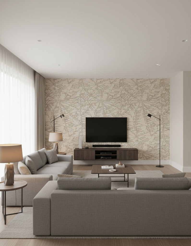 London Calling - Map Wallcovering - Cream Parchment - Living Room Visualization (AI-generated, may not be to scale. Verify pattern scale with product specifications.)