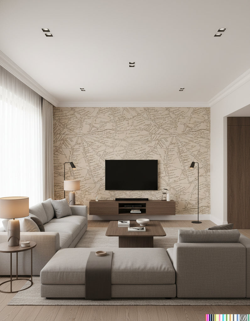 London Calling - Map Wallcovering - Cream Parchment - Living Room Visualization (AI-generated, may not be to scale. Verify pattern scale with product specifications.)