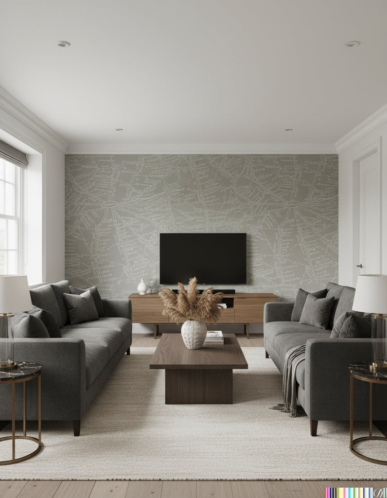 London Calling - Map Wallcovering - Putty Taupe - Living Room Visualization (AI-generated, may not be to scale. Verify pattern scale with product specifications.)