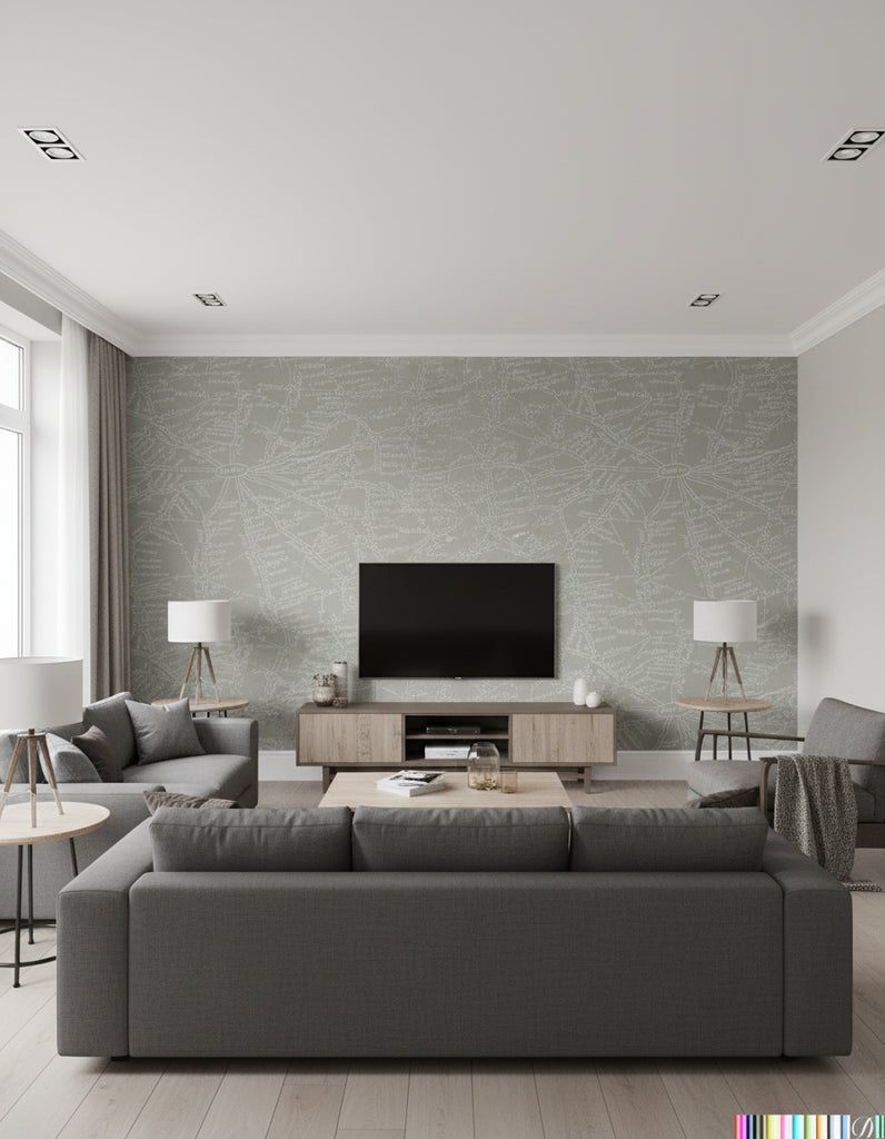 London Calling - Map Wallcovering - Putty Taupe - Living Room Visualization (AI-generated, may not be to scale. Verify pattern scale with product specifications.)