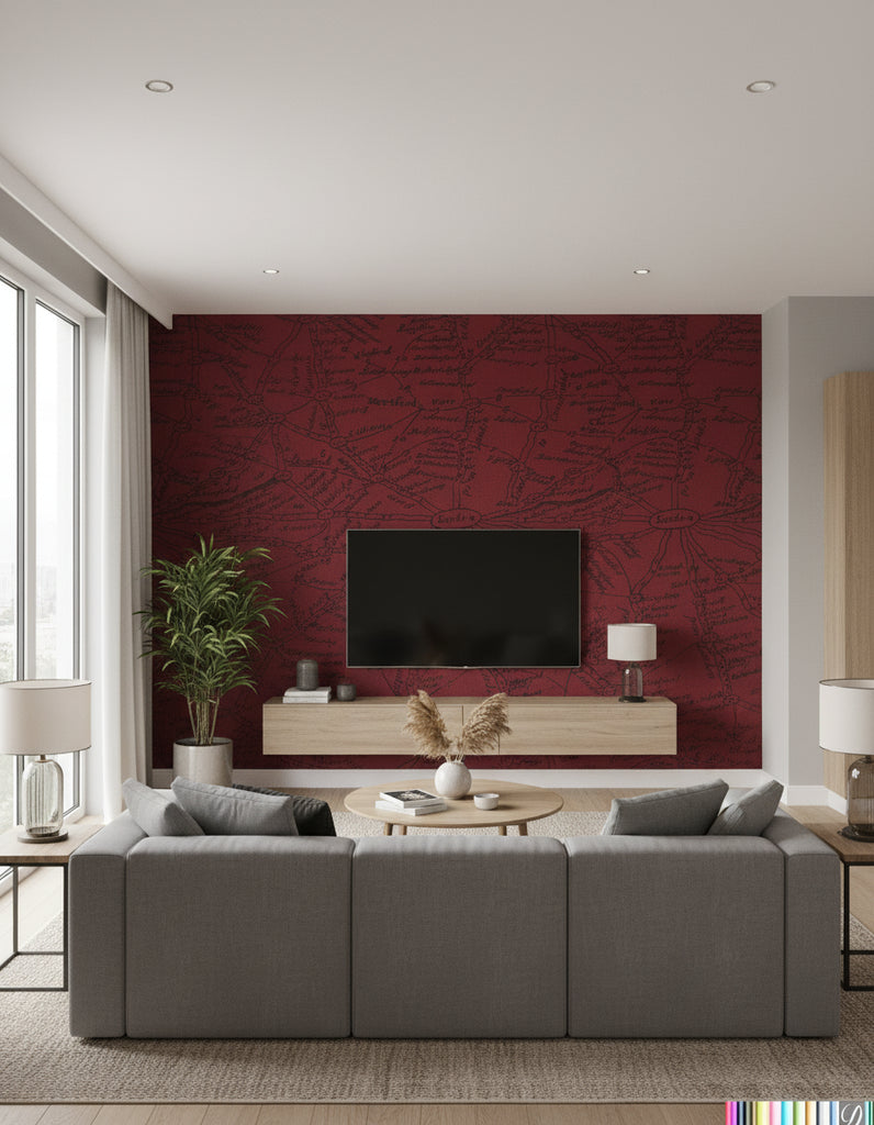 London Calling - Map Wallcovering - Red - Living Room Visualization (AI-generated, may not be to scale. Verify pattern scale with product specifications.)