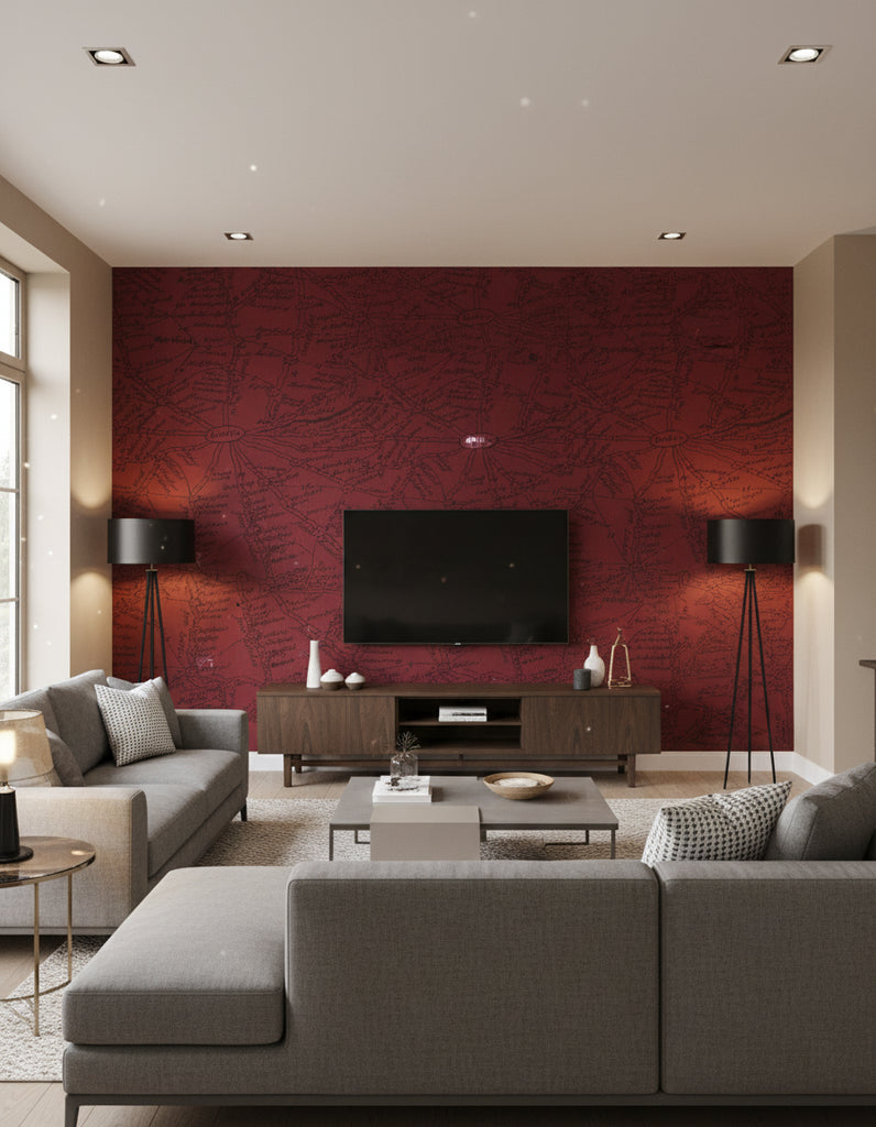 London Calling - Map Wallcovering - Red - Living Room Visualization (AI-generated, may not be to scale. Verify pattern scale with product specifications.)
