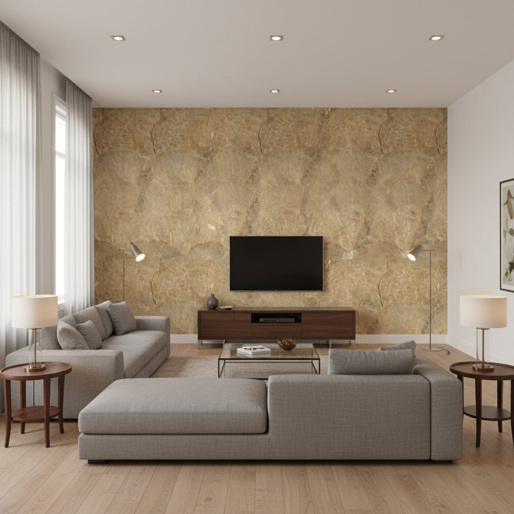 Mother of Pearl Aphrodite - Golden Pearl | Maya Romanoff - Living Room Visualization (AI-generated, may not be to scale. Verify pattern scale with product specifications.)