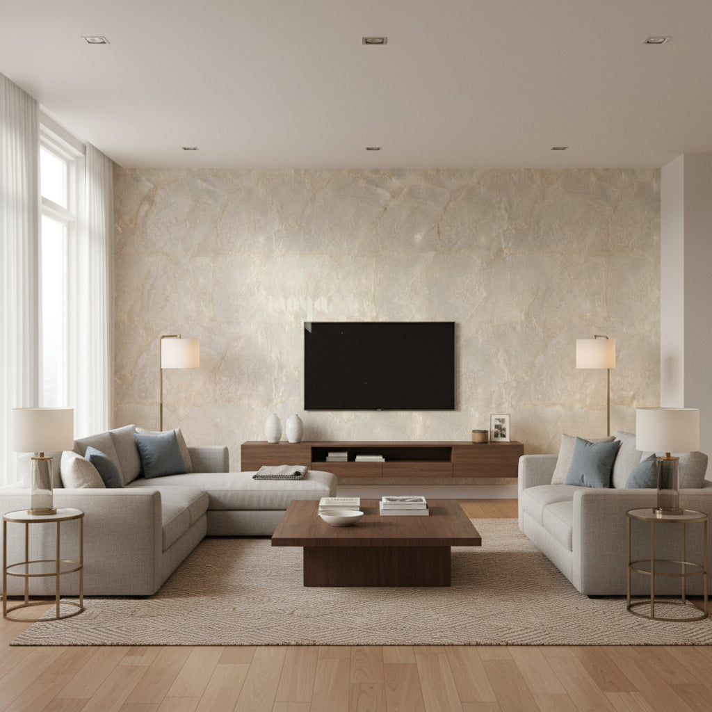 Mother of Pearl Aphrodite - Oyster | Maya Romanoff - Living Room Visualization (AI-generated, may not be to scale. Verify pattern scale with product specifications.)