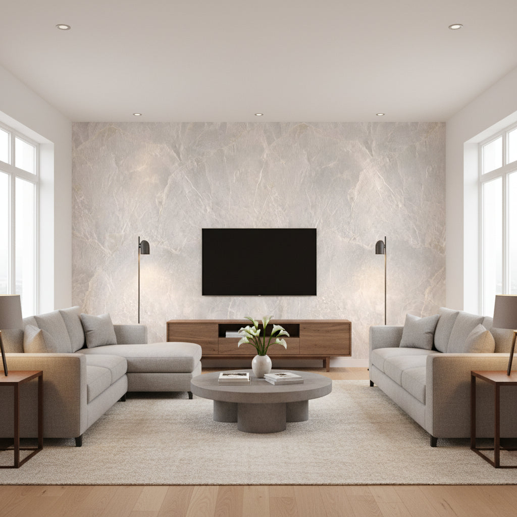 Mother of Pearl Aphrodite - Pink Pearl | Maya Romanoff - Living Room Visualization (AI-generated, may not be to scale. Verify pattern scale with product specifications.)