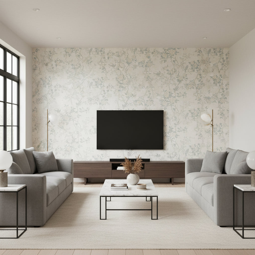 Marlowe Floral Dove |    Ralph Lauren - Living Room Visualization (AI-generated, may not be to scale. Verify pattern scale with product specifications.)