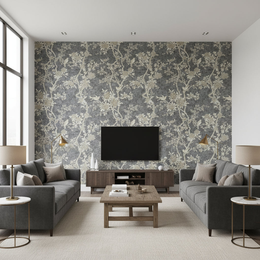 Marlowe Floral Gunmetal |    Ralph Lauren - Living Room Visualization (AI-generated, may not be to scale. Verify pattern scale with product specifications.)