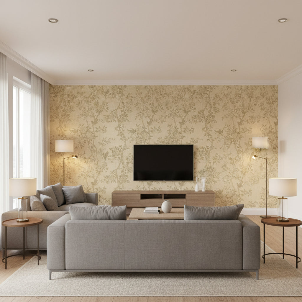 Marlowe Floral Mother Of Pearl |    Ralph Lauren - Living Room Visualization (AI-generated, may not be to scale. Verify pattern scale with product specifications.)