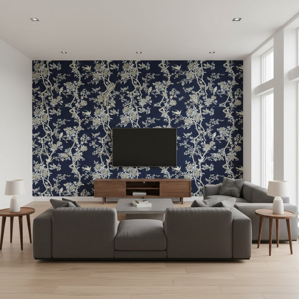 Marlowe Floral Prussian Blue |    Ralph Lauren - Living Room Visualization (AI-generated, may not be to scale. Verify pattern scale with product specifications.)