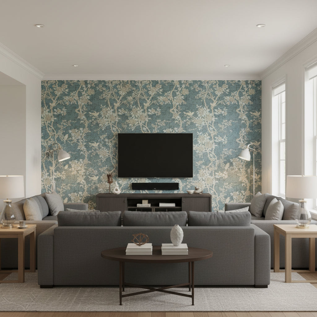 Marlowe Floral Slate |    Ralph Lauren - Living Room Visualization (AI-generated, may not be to scale. Verify pattern scale with product specifications.)