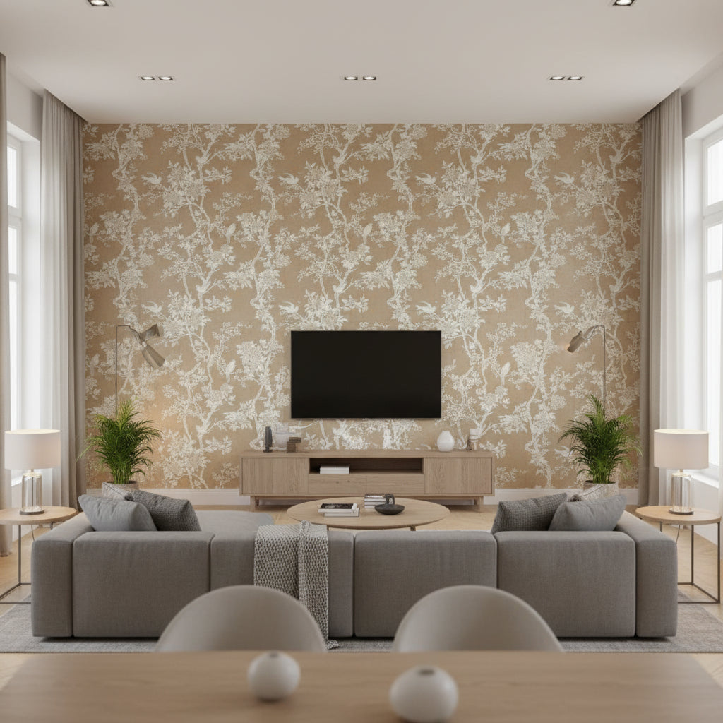 Marlowe Floral Sterling |    Ralph Lauren - Living Room Visualization (AI-generated, may not be to scale. Verify pattern scale with product specifications.)