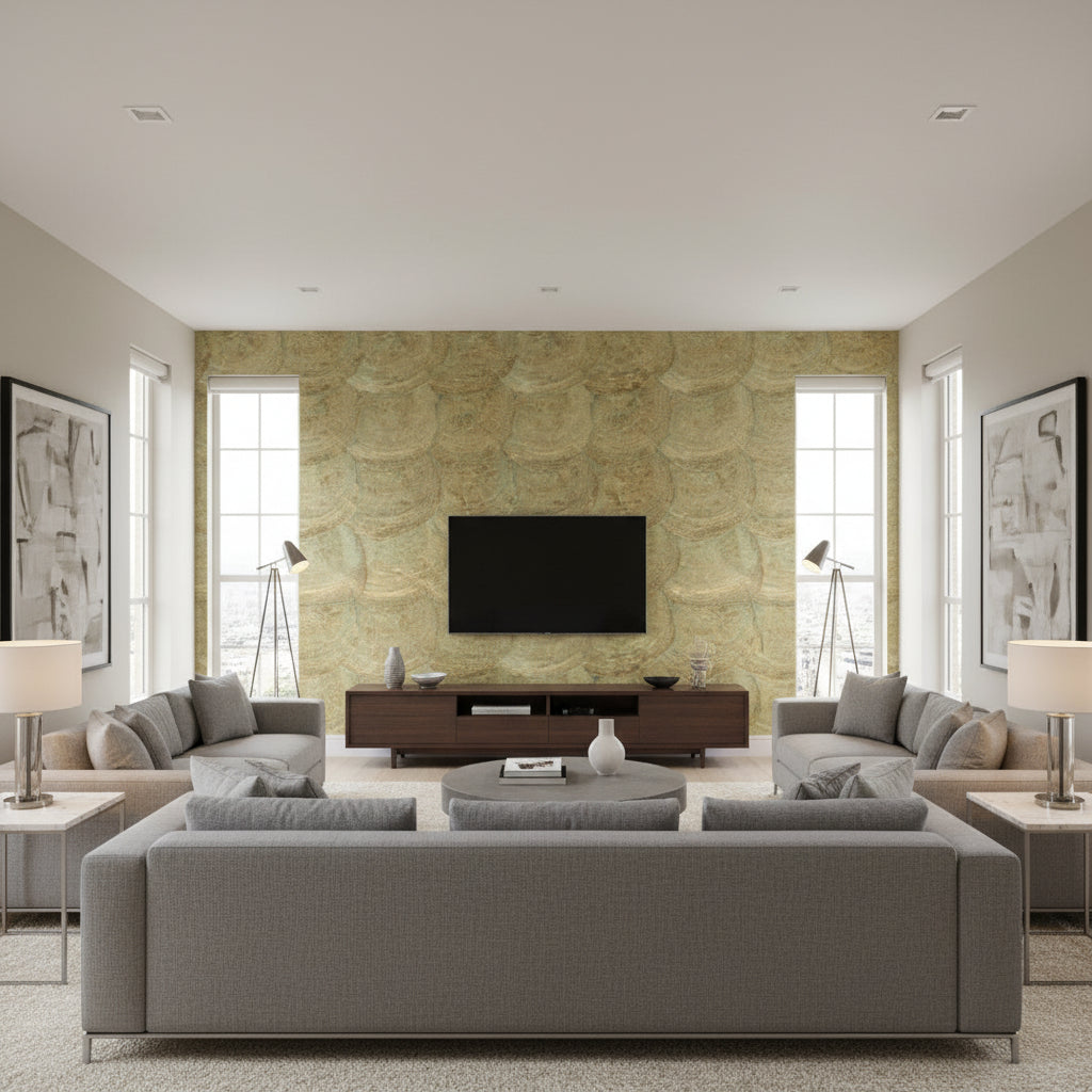 Flexi Mother of Pearl Aphrodite - Patina Abalone | Maya Romanoff - Living Room Visualization (AI-generated, may not be to scale. Verify pattern scale with product specifications.)