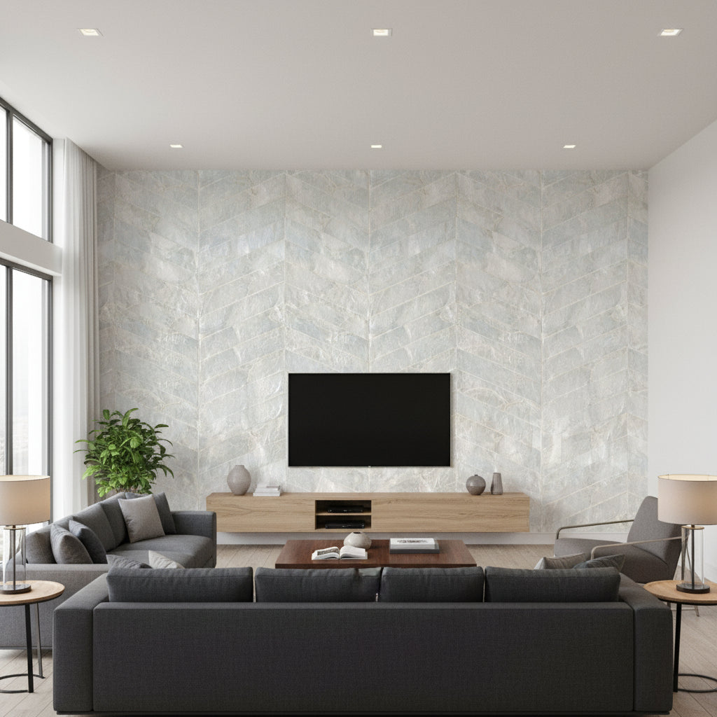Mother of Pearl Chevron - Natural Pearl | Maya Romanoff - Living Room Visualization (AI-generated, may not be to scale. Verify pattern scale with product specifications.)