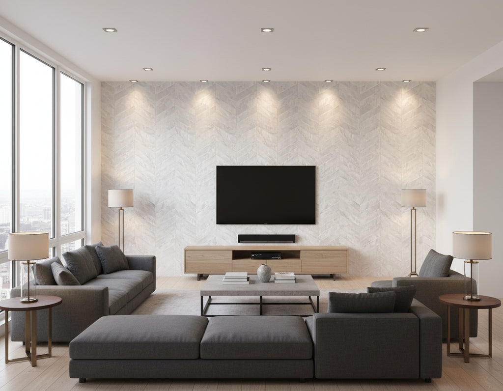 Flexi Mother of Pearl Chevron - Natural Pearl | Maya Romanoff - Living Room Visualization (AI-generated, may not be to scale. Verify pattern scale with product specifications.)