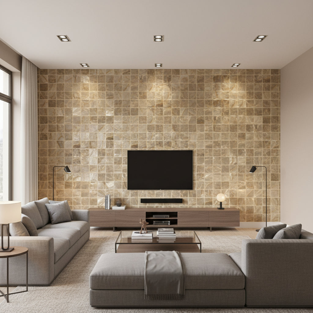 Flexi Mother of Pearl Mosaic - Golden Pearl | Maya Romanoff - Living Room Visualization (AI-generated, may not be to scale. Verify pattern scale with product specifications.)