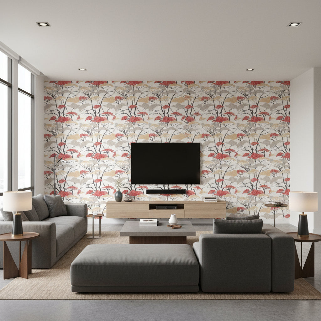 Mitsu Gingko Tree | Architectural Wallcoverings - Living Room Visualization (AI-generated, may not be to scale. Verify pattern scale with product specifications.)