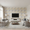 Mitsu Gingko Tree | Architectural Wallcoverings - Living Room Visualization (AI-generated, may not be to scale. Verify pattern scale with product specifications.)