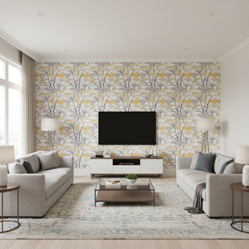 Mitsu Gingko Tree | Architectural Wallcoverings - Living Room Visualization (AI-generated, may not be to scale. Verify pattern scale with product specifications.)