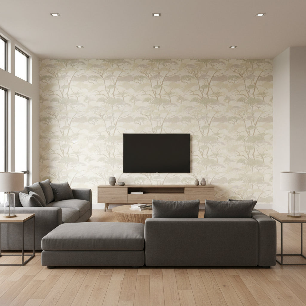 Mitsu Gingko Tree | Architectural Wallcoverings - Living Room Visualization (AI-generated, may not be to scale. Verify pattern scale with product specifications.)