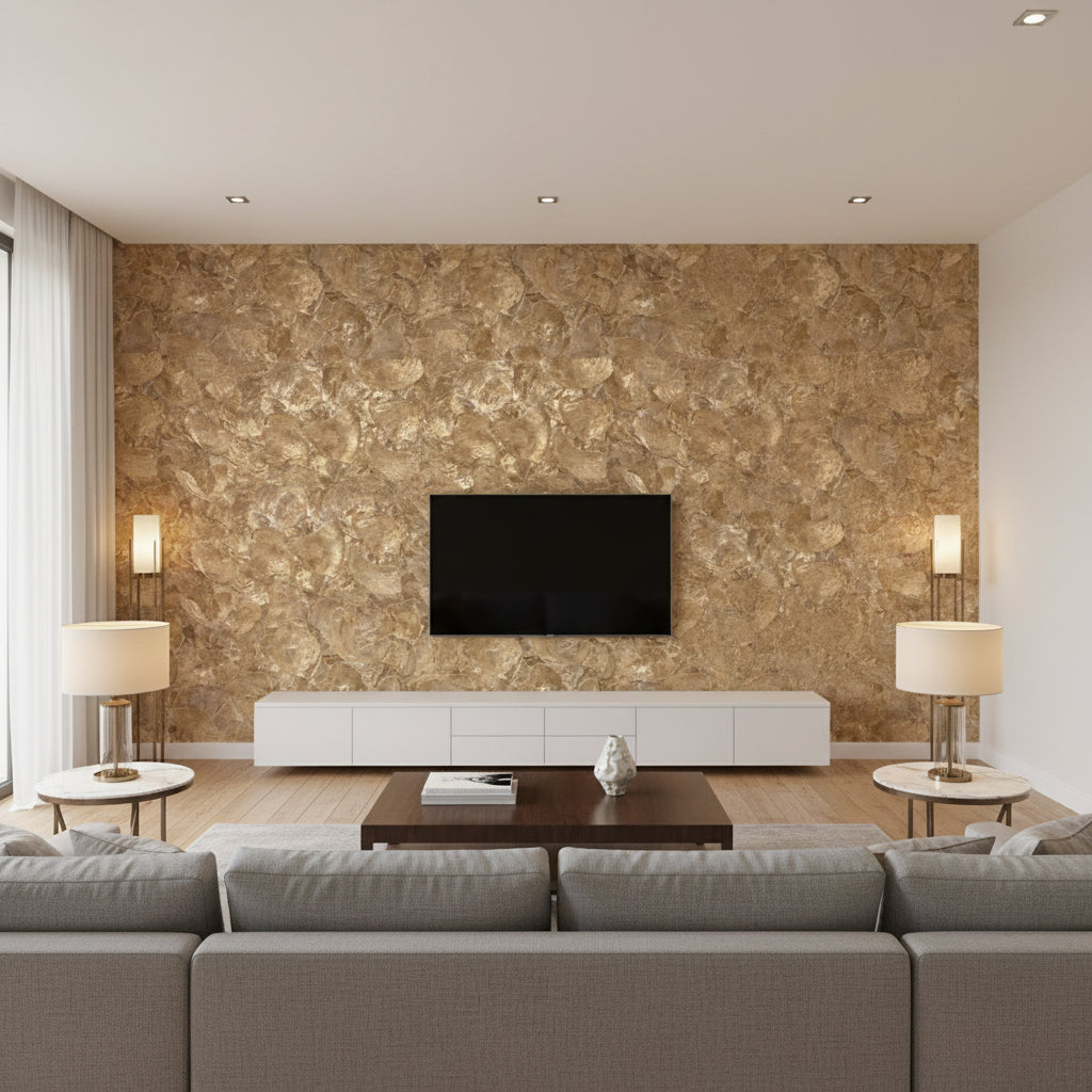 Mother of Pearl On the Half Shell - Golden Pearl | Maya Romanoff - Living Room Visualization (AI-generated, may not be to scale. Verify pattern scale with product specifications.)