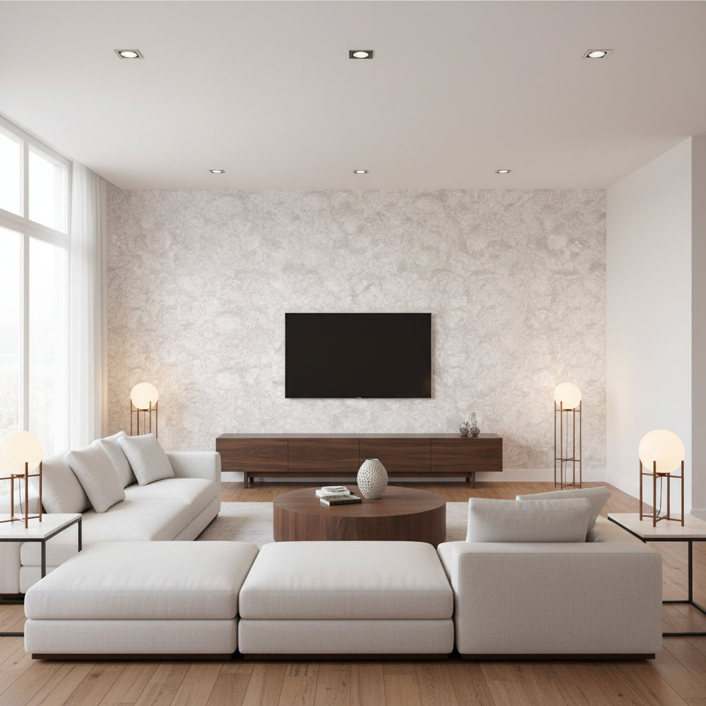 Mother of Pearl On the Half Shell - Natural Pearl | Maya Romanoff - Living Room Visualization (AI-generated, may not be to scale. Verify pattern scale with product specifications.)