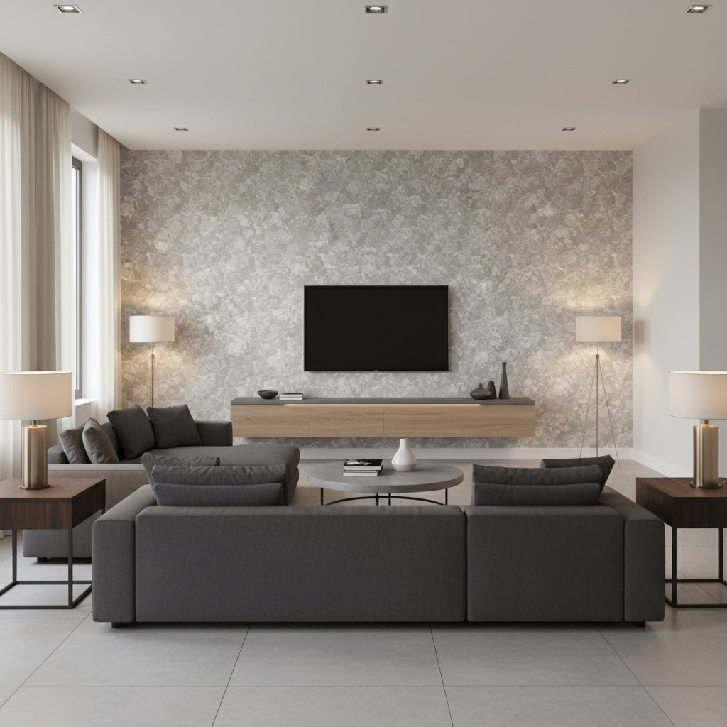 Mother of Pearl On the Half Shell - Silver Mollusk | Maya Romanoff - Living Room Visualization (AI-generated, may not be to scale. Verify pattern scale with product specifications.)