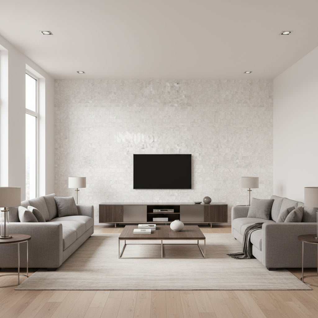 Mother of Pearl - Natural Pearl | Maya Romanoff - Living Room Visualization (AI-generated, may not be to scale. Verify pattern scale with product specifications.)