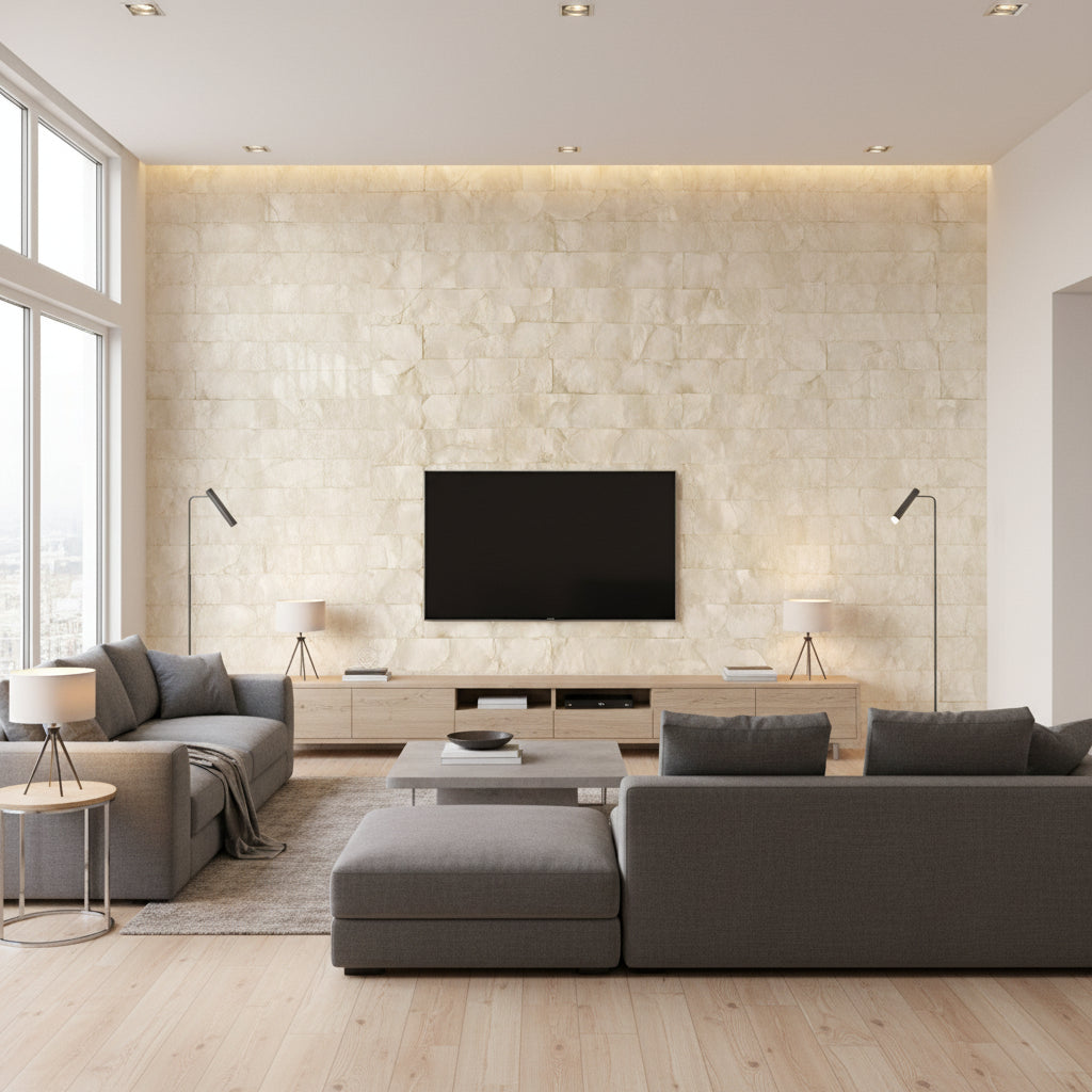 Mother of Pearl - Oyster | Maya Romanoff - Living Room Visualization (AI-generated, may not be to scale. Verify pattern scale with product specifications.)