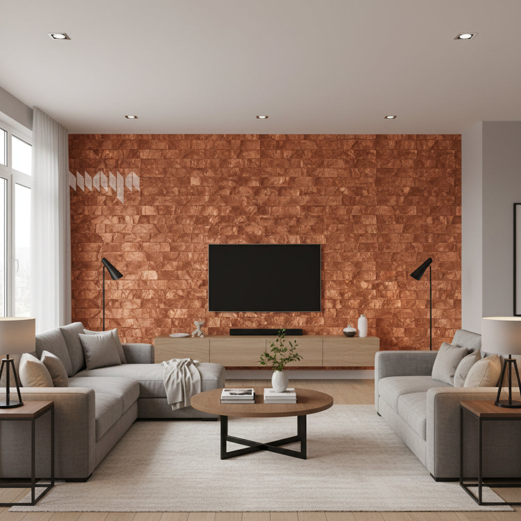 Mother of Pearl - Fire Coral | Maya Romanoff - Living Room Visualization (AI-generated, may not be to scale. Verify pattern scale with product specifications.)