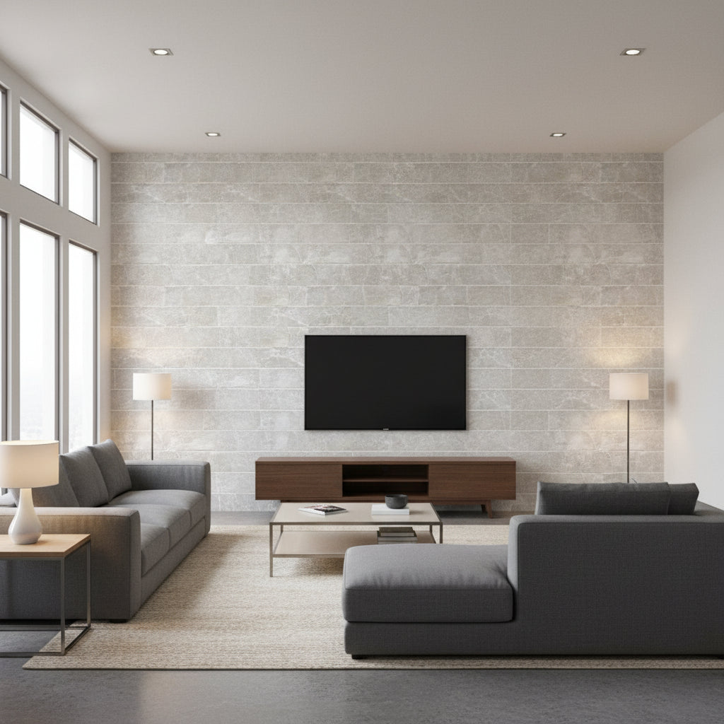 Flexi Mother of Pearl - Natural Pearl | Maya Romanoff - Living Room Visualization (AI-generated, may not be to scale. Verify pattern scale with product specifications.)