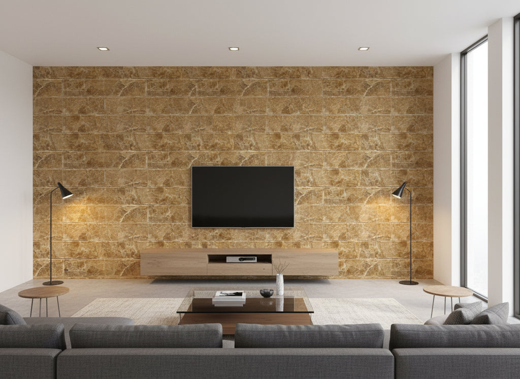 Flexi Mother of Pearl - Golden Pearl | Maya Romanoff - Living Room Visualization (AI-generated, may not be to scale. Verify pattern scale with product specifications.)
