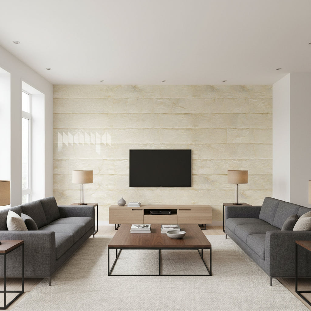 Flexi Mother of Pearl - Oyster | Maya Romanoff - Living Room Visualization (AI-generated, may not be to scale. Verify pattern scale with product specifications.)