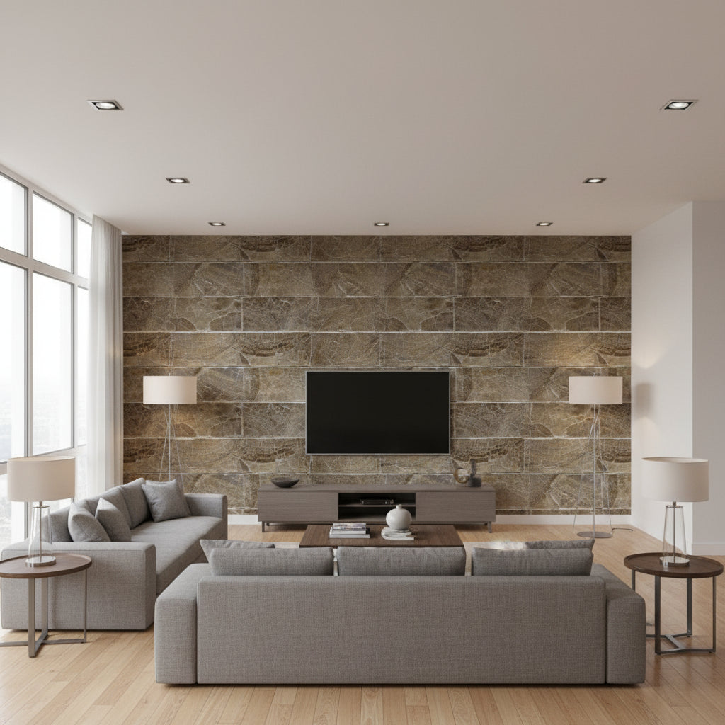 Flexi Mother of Pearl - Gunmetal Pearl | Maya Romanoff - Living Room Visualization (AI-generated, may not be to scale. Verify pattern scale with product specifications.)