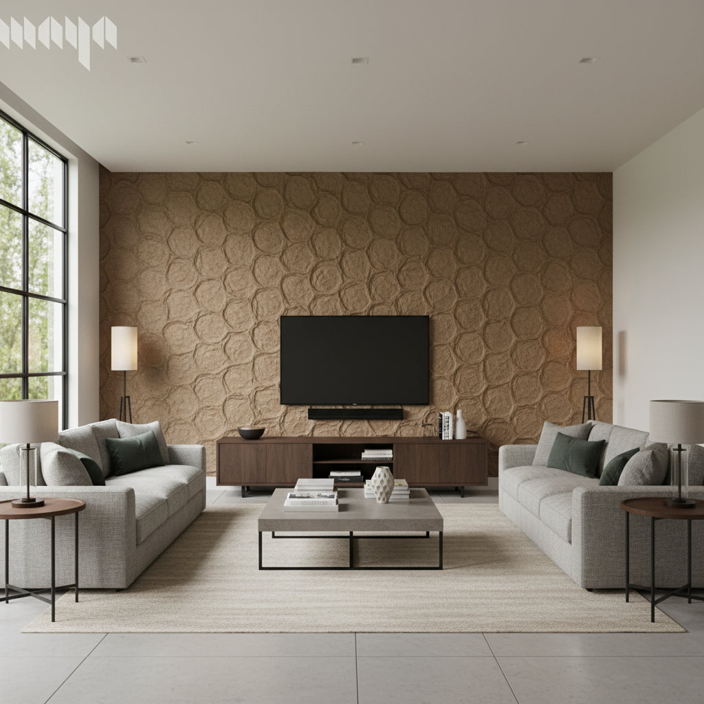 Meditations ohm - Poppy Seed | Maya Romanoff - Living Room Visualization (AI-generated, may not be to scale. Verify pattern scale with product specifications.)
