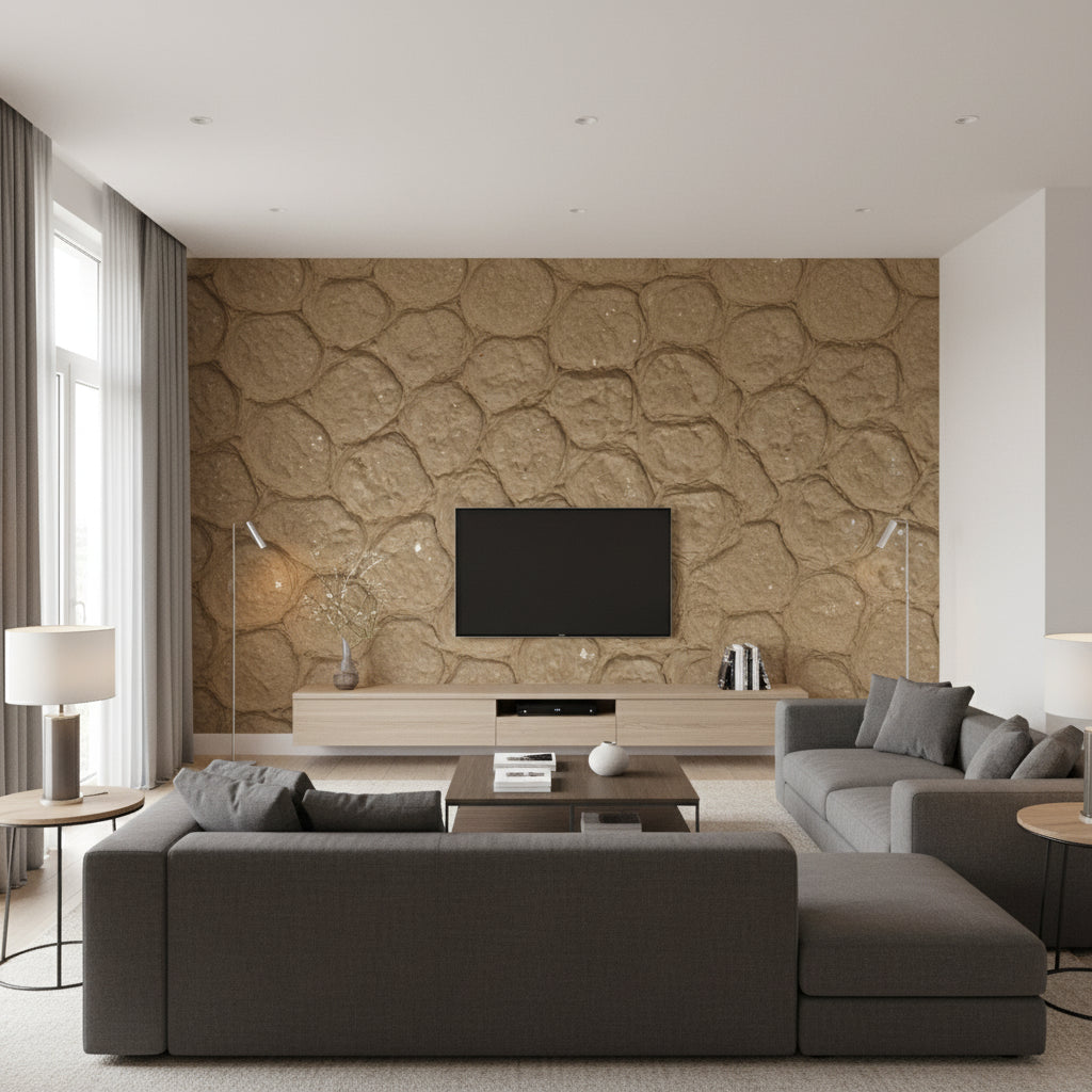 Meditations ohm - Sesame | Maya Romanoff - Living Room Visualization (AI-generated, may not be to scale. Verify pattern scale with product specifications.)
