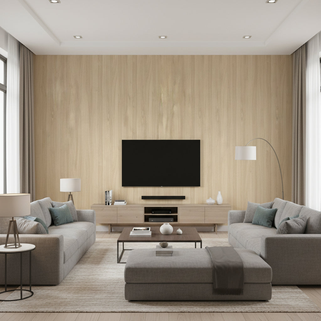 Natural Elements - Refined - Birch | Maya Romanoff - Living Room Visualization (AI-generated, may not be to scale. Verify pattern scale with product specifications.)