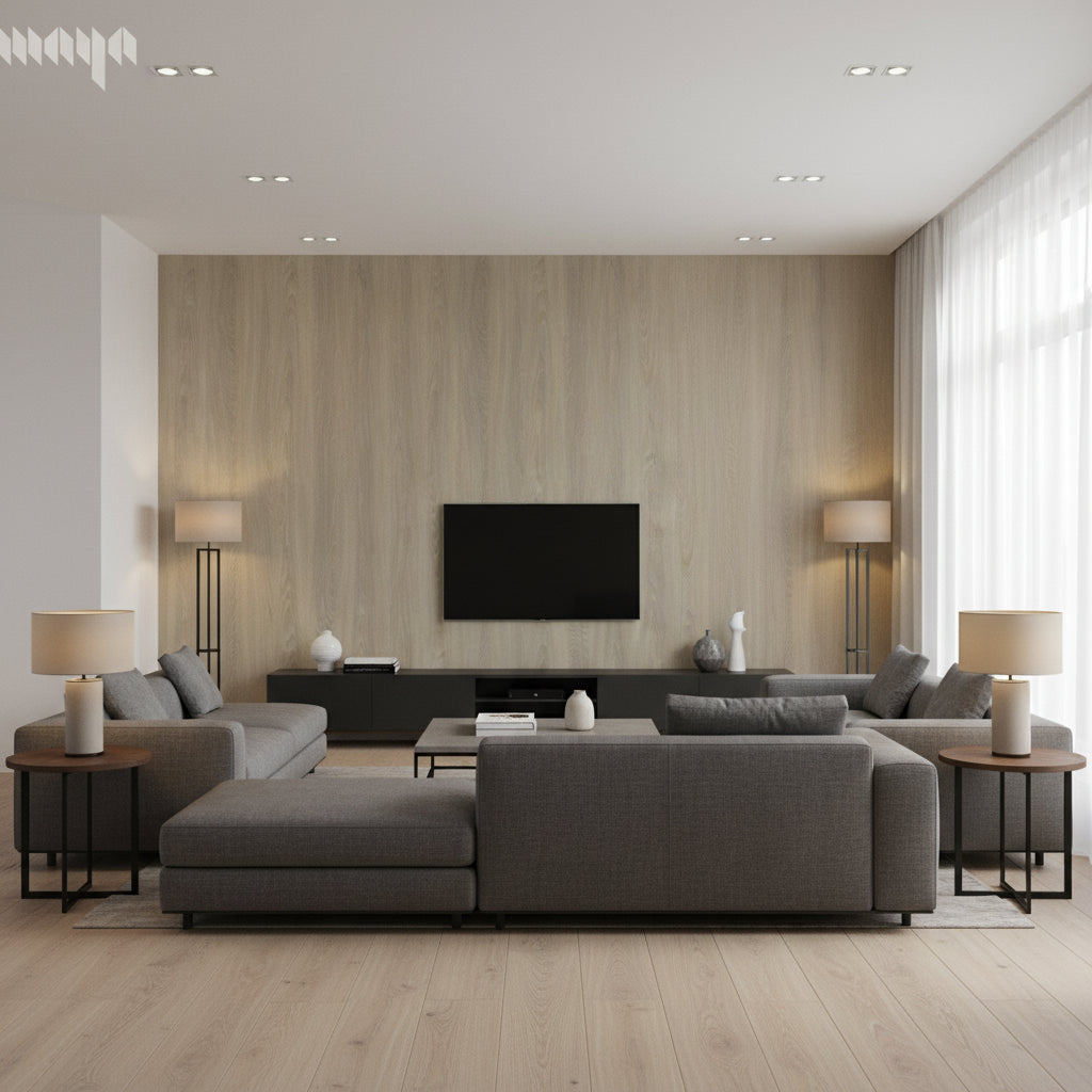 Natural Elements - Refined - Cerused Eastern Pine | Maya Romanoff - Living Room Visualization (AI-generated, may not be to scale. Verify pattern scale with product specifications.)