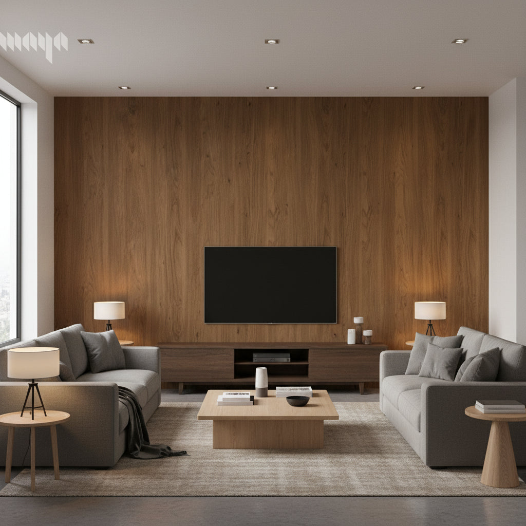 Natural Elements - Refined - Pecan | Maya Romanoff - Living Room Visualization (AI-generated, may not be to scale. Verify pattern scale with product specifications.)