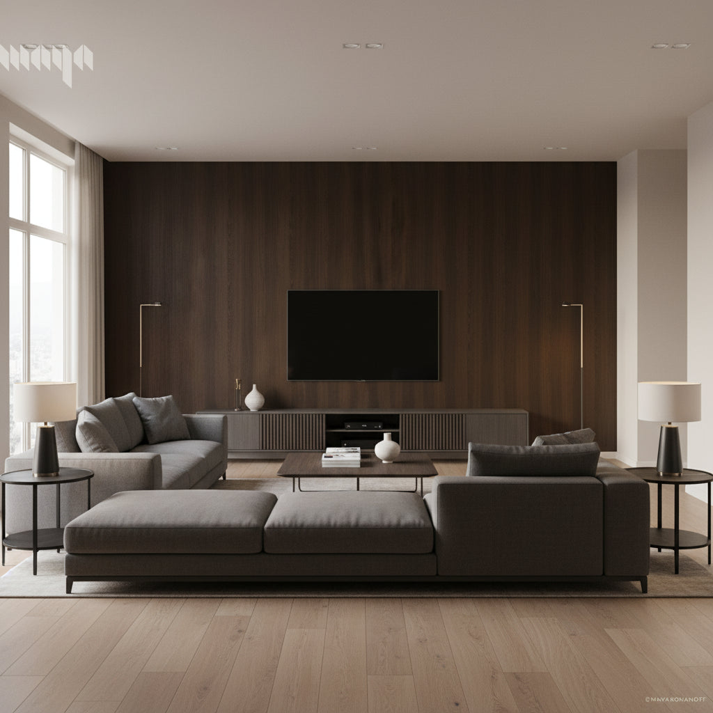 Natural Elements - Refined - Mahogany | Maya Romanoff - Living Room Visualization (AI-generated, may not be to scale. Verify pattern scale with product specifications.)