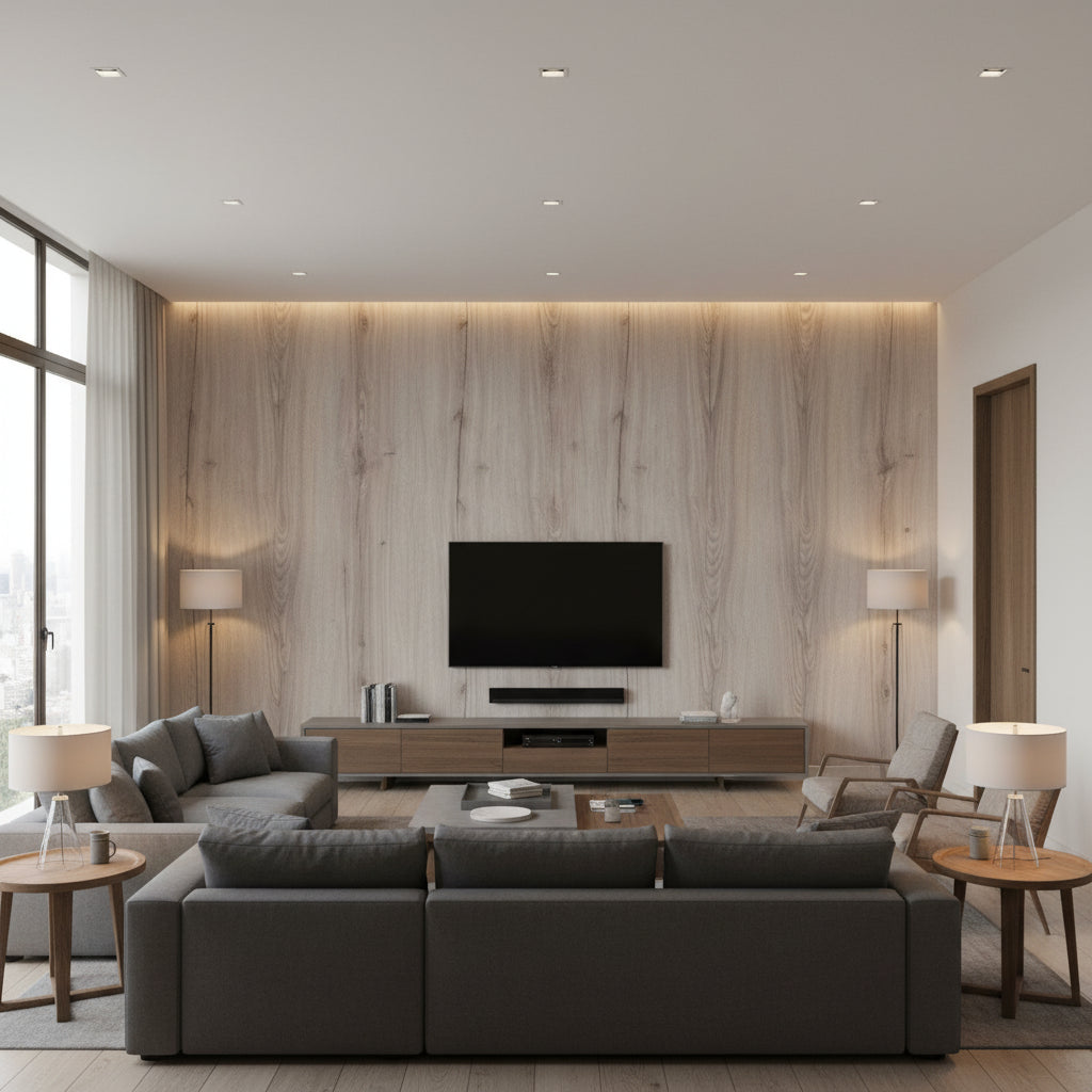 Natural Elements - Rustic - Nordic Oak | Maya Romanoff - Living Room Visualization (AI-generated, may not be to scale. Verify pattern scale with product specifications.)