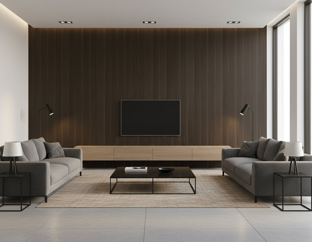 Natural Elements - Refined - Dark Walnut | Maya Romanoff - Living Room Visualization (AI-generated, may not be to scale. Verify pattern scale with product specifications.)