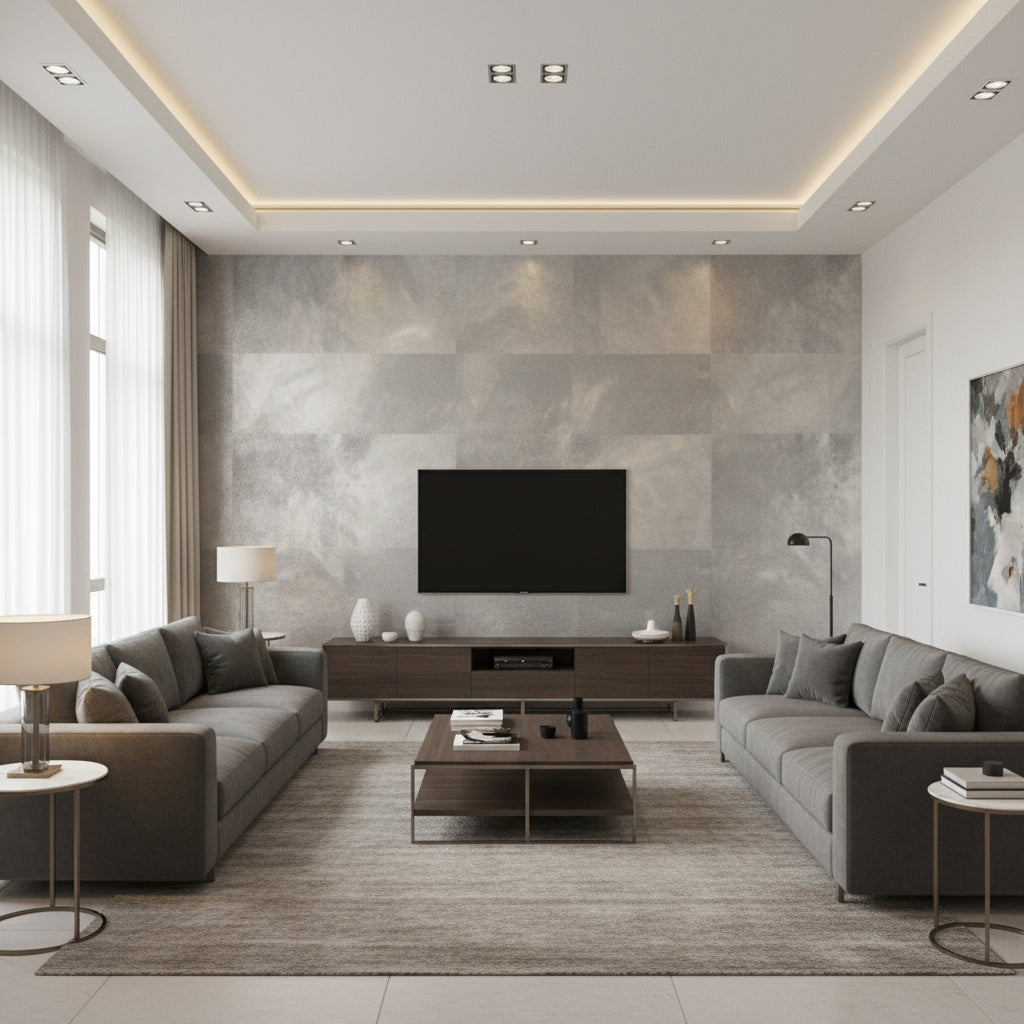 Precious Metals - Silver | Maya Romanoff - Living Room Visualization (AI-generated, may not be to scale. Verify pattern scale with product specifications.)