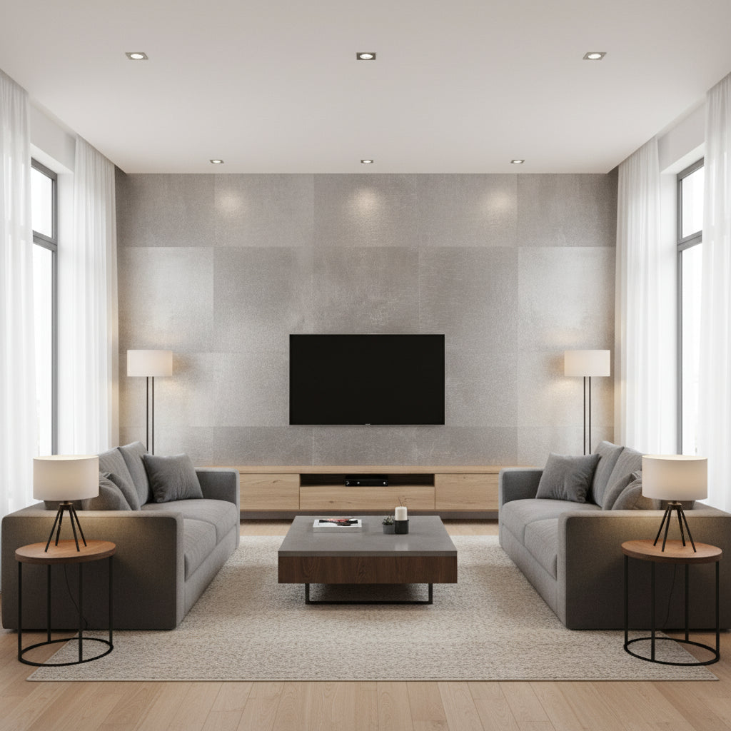 Precious Metals - Aluminum | Maya Romanoff - Living Room Visualization (AI-generated, may not be to scale. Verify pattern scale with product specifications.)