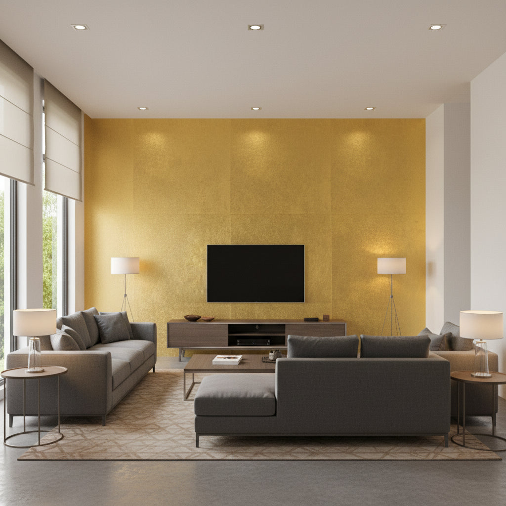 Precious Metals - Fine Gold | Maya Romanoff - Living Room Visualization (AI-generated, may not be to scale. Verify pattern scale with product specifications.)
