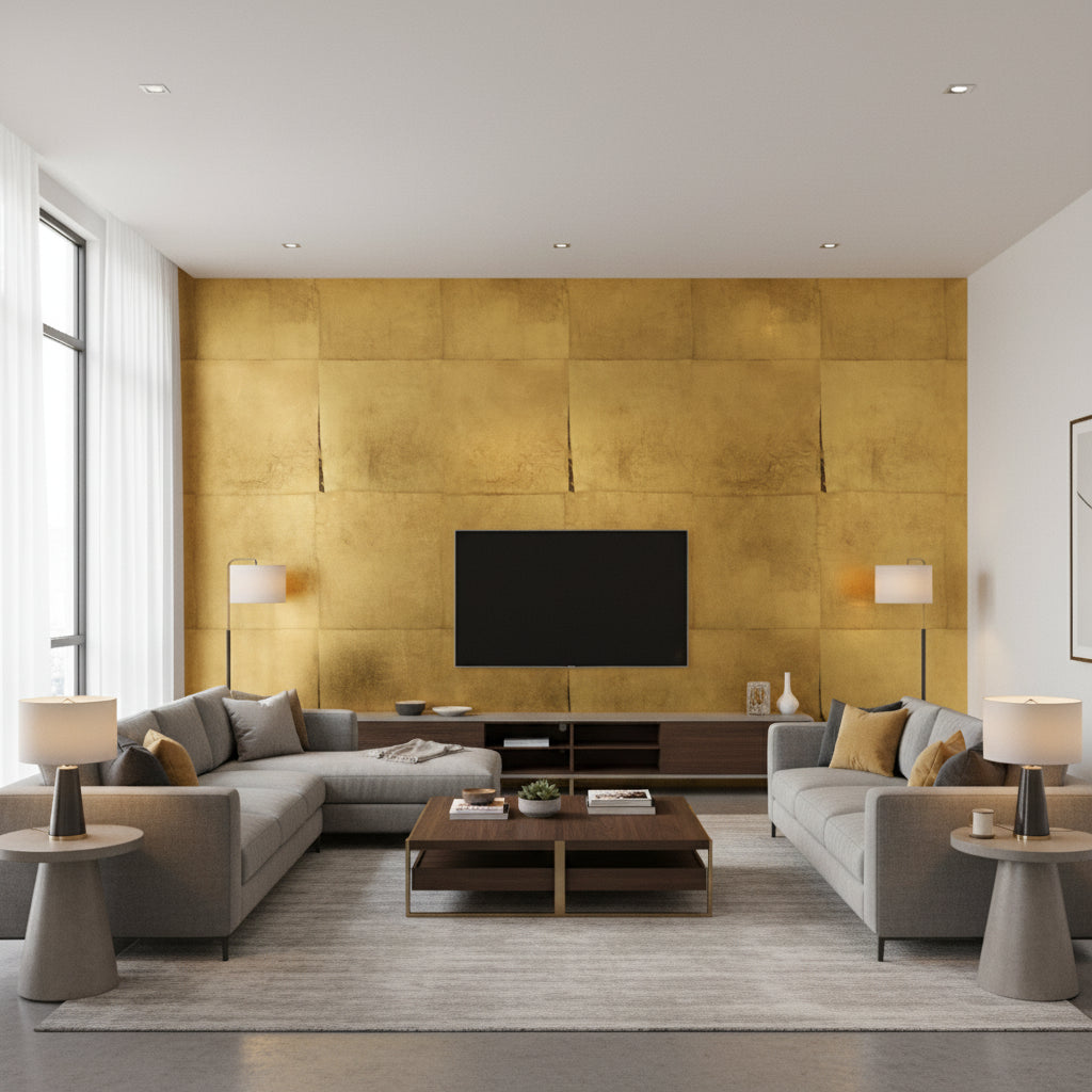 Precious Metals - Ebony Gold | Maya Romanoff - Living Room Visualization (AI-generated, may not be to scale. Verify pattern scale with product specifications.)